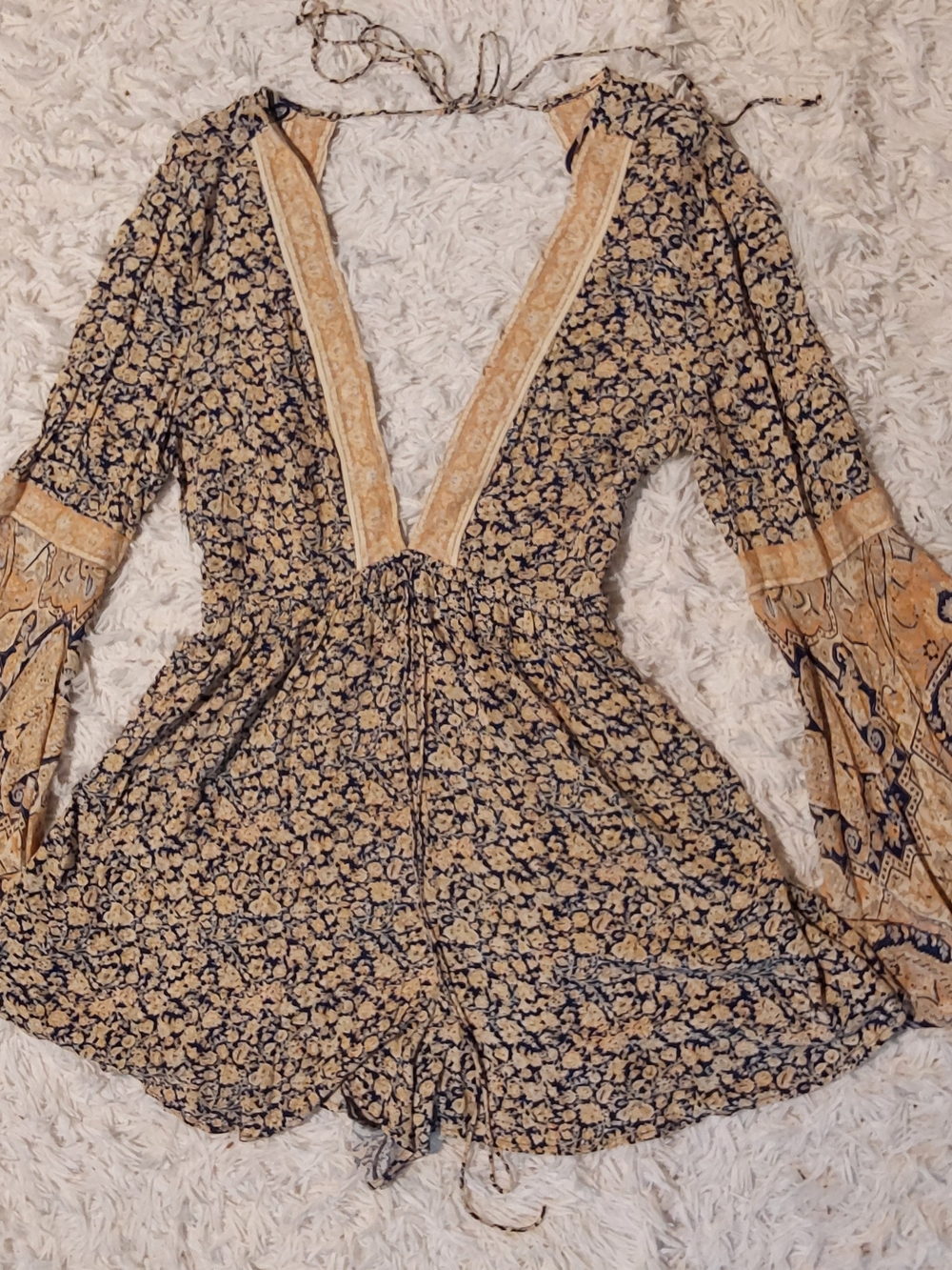 Free People Boho Open-Back Floral Bell-Sleeve Romper M - Picture 7 of 7